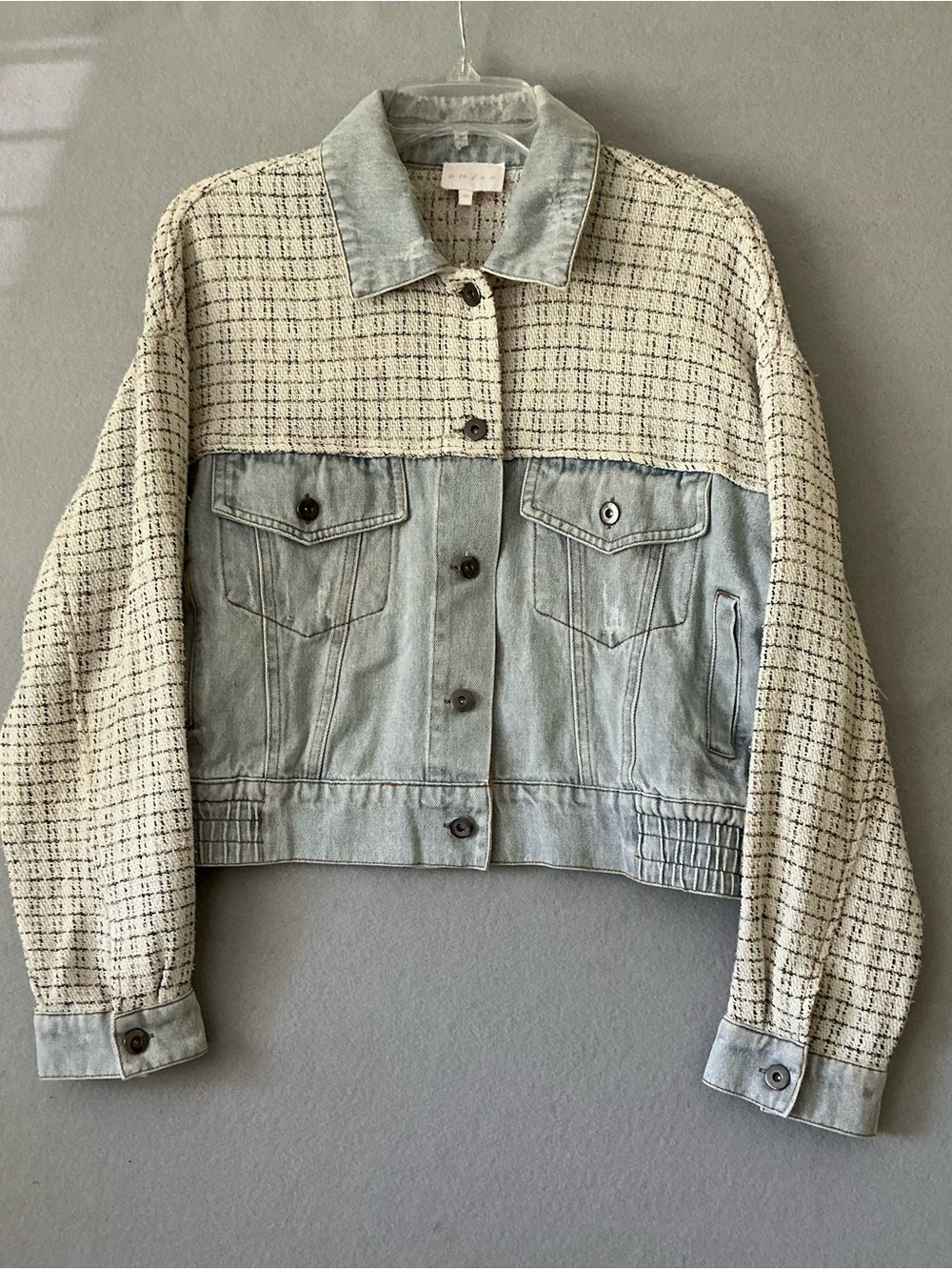 ENTRO Mixed Media Denim Tweed -Plaid Jacket Modern-Vintage, Cozy Casual  L